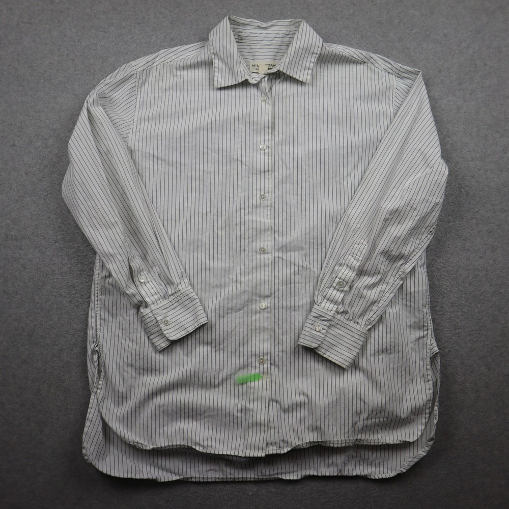 Nili Lotan Shirt Top Womens M Button Up White Blue Pinstripe Cotton Long Sleeve